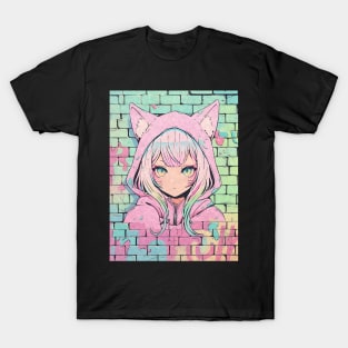 Kawaii Aesthetic Pastel Nekomimi Anime Cat Girl Graffiti Art Style T-Shirt